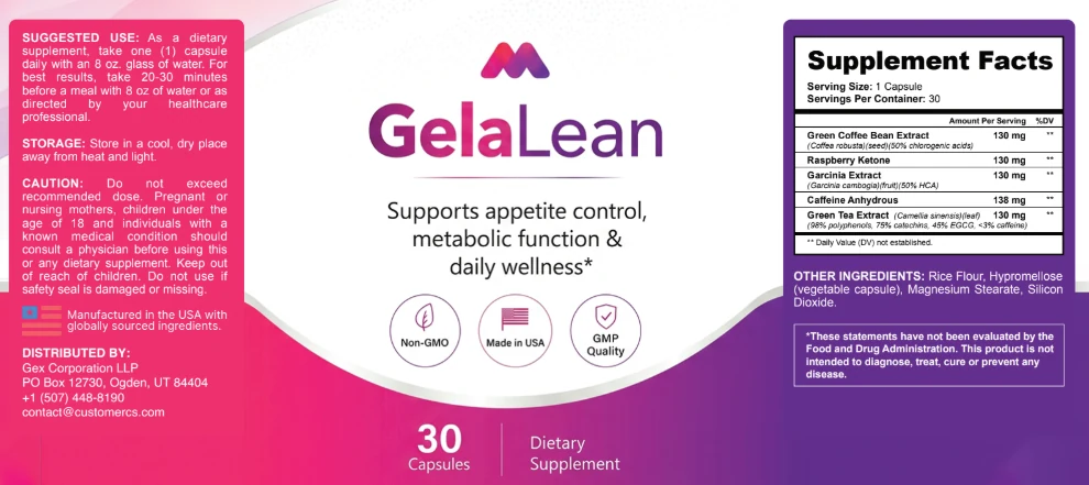 GelaLean Supplement Facts — Green Coffee Bean, Raspberry Ketone, Garcinia, Caffeine Anhydrous and Green Tea Extract